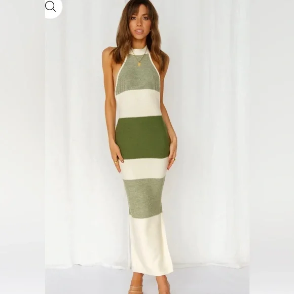 Dresses | Olive Green And White Striped Midi Dress | Poshmark